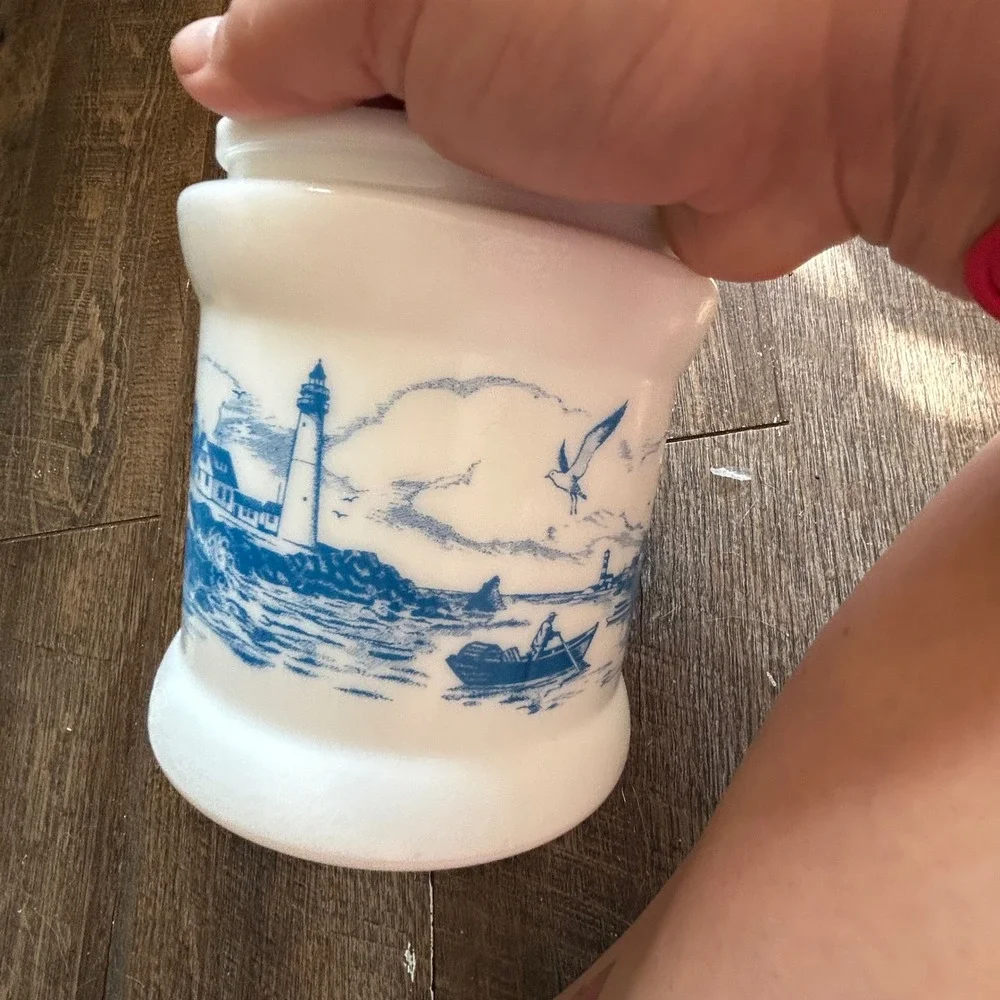 Vintage Belgium Delft Blue Milk Glass Canister Nautical Lighthouse Scene 6in